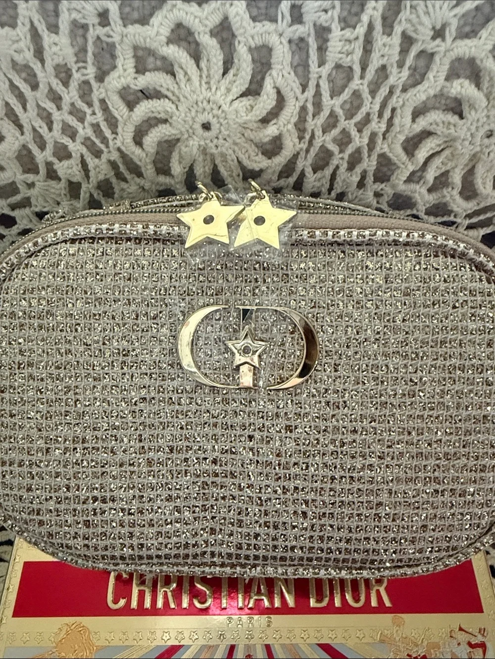Dior Gold Glitter Cosmetic Pouch with Gold CD Emblem